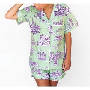 katie kime green and purple new orleans toile pajama set